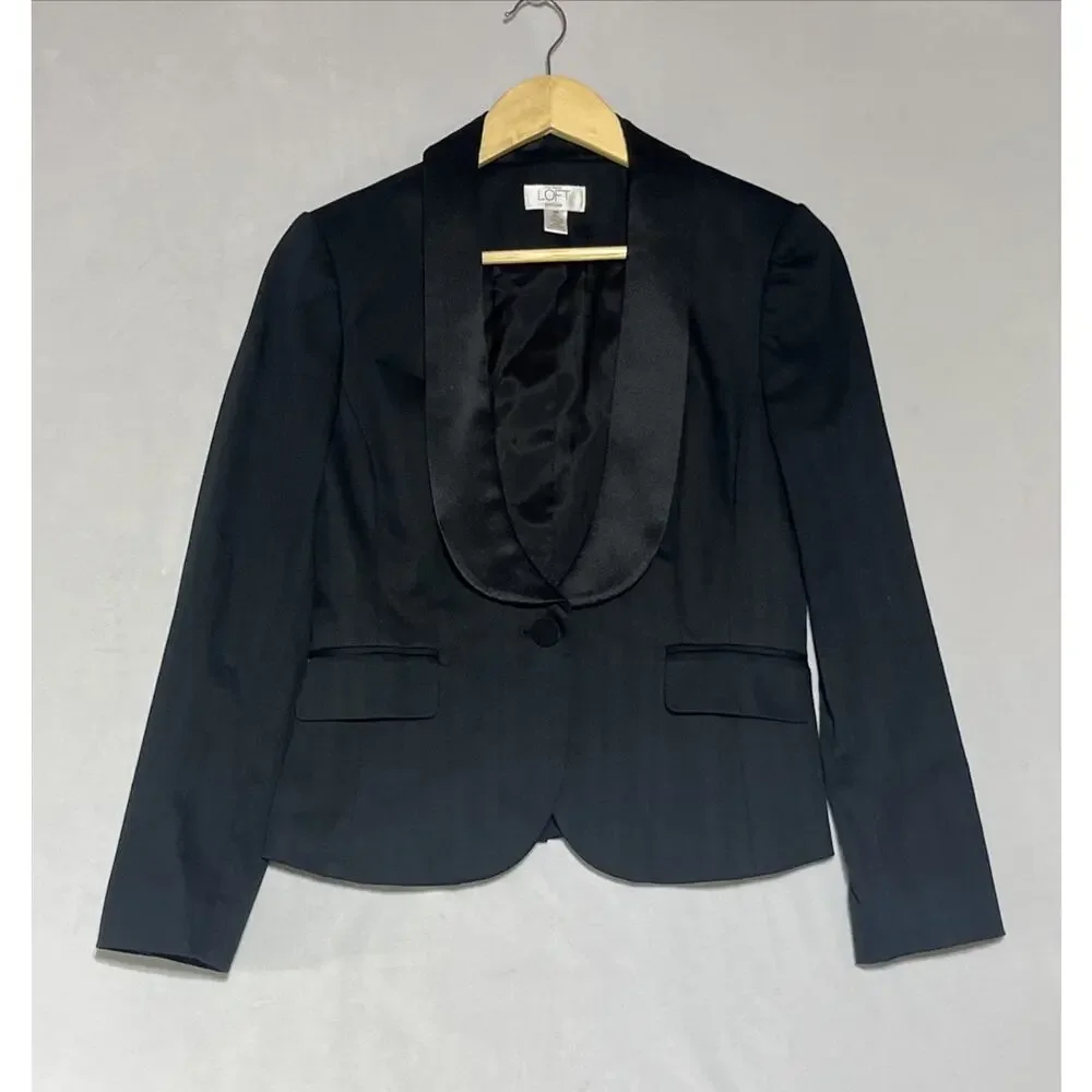 LOFT Tuxedo Blazer Womens 4P Black Scoop Neck Satin Collar One Button Formal - Picture 1 of 11